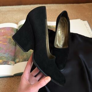 Vintage YSL Yves Saint Laurent Black Suede Block Heels Pumps 7.5